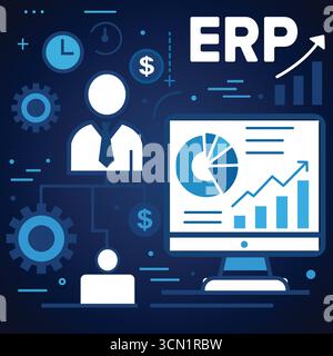 ERP - Enterprise Resource Planning, sistema di gestione aziendale con dashboard analitico e visualizzazione dei dati Illustrazione Vettoriale