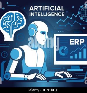 Robot di intelligenza artificiale con sistema ERP e concetto di trasformazione digitale, background ERP, robot ai con dashboard ERP Illustrazione Vettoriale