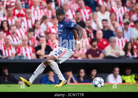 Noni Madueke dell'Arsenal FC con il pallone durante la fase MD1 della UEFA Champions League 2025/26 tra Athletic Club e Arsenal FC a Estad Foto Stock