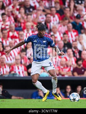 Noni Madueke dell'Arsenal FC con il pallone durante la fase MD1 della UEFA Champions League 2025/26 tra Athletic Club e Arsenal FC a Estad Foto Stock