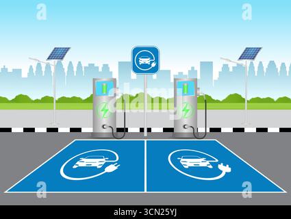 Ricarica di auto elettriche o EV presso una stazione di ricarica nel parcheggio. Energia ecologica o concetto ecologico. Illustrazione vettoriale. Illustrazione Vettoriale