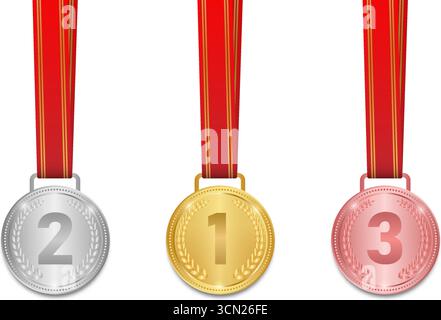 Medaglia. Medaglie d'oro, d'argento e di bronzo con nastro rosso. Medaglia del vincitore dello sport. Concetto vincente e campione. Illustrazione vettoriale. Illustrazione Vettoriale