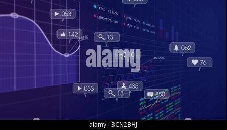 Visualizzazione del dashboard dei dati che mostra grafici a linee, grafici a barre e icone social sull'interfaccia utente con griglia blu scuro. Analisi, interfaccia, visualizzazione, tecnologia, DASH Foto Stock