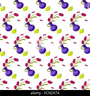 Vaso blu con tre tulipani rossi e limone maturo. Motivo senza cuciture. Illustrazione vettoriale. Illustrazione Vettoriale