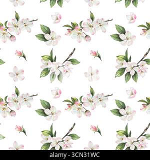 Motivo acquerello senza cuciture con rami di meli. Fiori rosa e bianchi con foglie verdi. Sfondo bianco. Illustrazione botanica di un albero, disegnato a mano Foto Stock