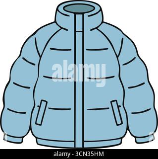 Cappotto invernale trapuntato in blu pallido con deflettori orizzontali collo alto e due tasche laterali. Illustrazione Vettoriale