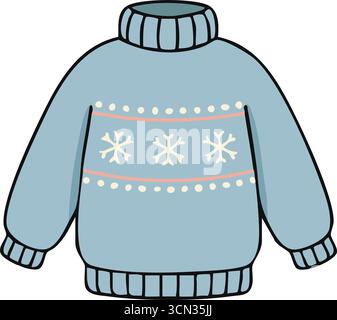 Pullover in maglia azzurra disegnato a mano con colletto a coste polsini e orlo decorato con fiocchi di neve bianchi sul petto. Illustrazione Vettoriale