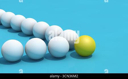 Concetto di leadership aziendale con una sfera leader gialla che guida un gruppo di sfere bianche 3D. Foto Stock