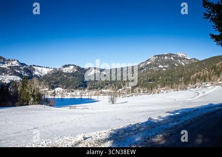 Panorama di Zgornje Jezersko Slovenia in inverno, che mostra un'ampia pianura innevata sostenuta da montagne boscose e un cielo pallido, che trasmette la tranquillità di Foto Stock