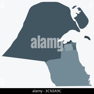 Mappa del Kuwait con le regioni. Solo una semplice mappa di confine con la divisione della regione. Tavolozza dei colori blu/grigio. Illustrazione Vettoriale