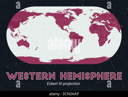 Emisfero occidentale. Mappa del mondo. Proiezione di Eckert III centrata sull'emisfero occidentale. Pallido Mint Dark Pink (Rosa scuro). Texture vintage. Illustrazione Vettoriale