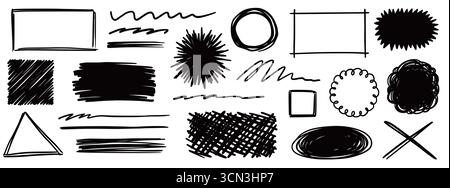 Set di forme a matita disegnate per scarabocchiare. Rettangolo disegnato a mano, cornici circolari e sottolineature. Bordi con trama a matita, elementi di pennello astratti grunge. Illustrazione vettoriale Illustrazione Vettoriale
