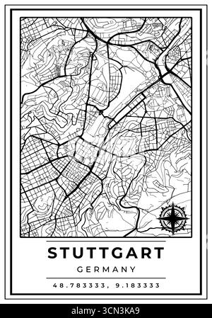 Mappe stradali di Stoccarda, Germania, poster in bianco e nero con posizione coordinate e bussola, Wall Art Home decor pronto per la stampa Illustrazione Vettoriale