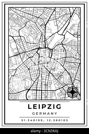 Mappe stradali della città di Lipsia, Germania, poster in bianco e nero con coordinate e posizione bussola, Wall Art Home decor pronto per la stampa Illustrazione Vettoriale