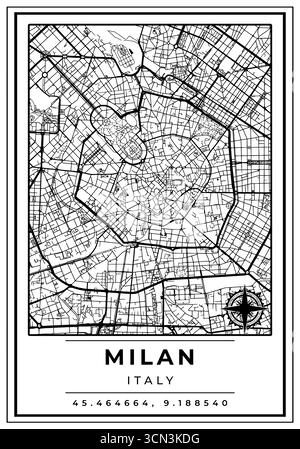 Mappe stradali di Milano città Italia, poster bianco e nero con posizione coordinate e posizione bussola, Wall Art Home decor pronto per la stampa Illustrazione Vettoriale
