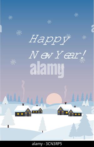 Cartolina invernale con case innevate e alberi Illustrazione Vettoriale