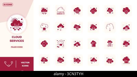 Questo pacchetto di icone vettoriali di servizi cloud include 24 design riempiti di glifo in formato da 128 x 128 PIXEL, perfetto per migliorare le interfacce digitali. Illustrazione Vettoriale