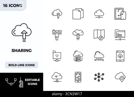 Collezione professionale di 16 icone vettoriali Bold Line che rappresentano la condivisione, realizzata con 128x128 PIXEL precisione perfetta per applicazioni aziendali Illustrazione Vettoriale