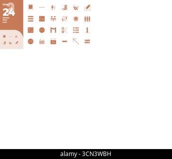 Una raccolta pulita di 24 icone vettoriali glifi che rappresentano la linea, progettata in formato da 128x128 PIXEL perfetto per dashboard e interfacce moderne. Illustrazione Vettoriale