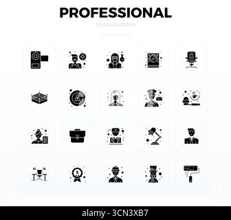 Set di 20 icone vettoriali complete Glyph PIXEL Perfect ispirate a Professional, realizzate con risoluzione 128x128 per una perfetta integrazione in app e siti Web Illustrazione Vettoriale