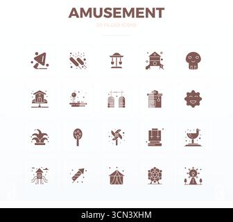 Set di 20 icone vettoriali Filled Glyph PIXEL Perfect ispirate a Amusement, realizzate con risoluzione 128x128 per una perfetta integrazione in app e siti Web Illustrazione Vettoriale