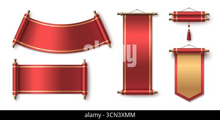 Set di carta cinese a spirale con striscioni di seta rossa, decorazioni dorate e nappine per i disegni del nuovo anno lunare. Pergamena tradizionale con aste in ottone e bordi curvi. Rotoli orientali per le feste Illustrazione Vettoriale