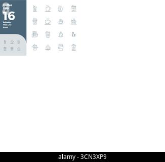 Una raccolta pulita di 16 icone vettoriali Thin Outline che rappresentano la Coffee Cup, progettate in formato 128x128 PIXEL perfetto per dashboard e interfa moderni Illustrazione Vettoriale