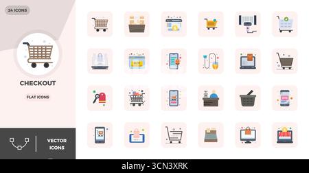 Sblocca 24 icone vettoriali Flat PIXEL Perfect ispirate a Checkout, ottimizzate in formato 128x128 per una visualizzazione impeccabile su tutti i dispositivi. Illustrazione Vettoriale