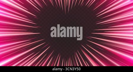 Movimento dinamico con effetto cuore anime Speed ray per il design manga: Linee radiali rosa, striature luminose ed energia romantica. Scena d'azione con sfocatura prospettica per fumetti o grafica di gioco. Illustrazione Vettoriale