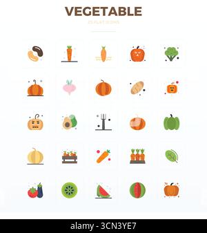 Una raccolta pulita di 25 icone vettoriali piatte che rappresentano verdure, progettate in formato da 128x128 PIXEL perfetto per dashboard e interfacce moderne. Illustrazione Vettoriale