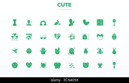 32 icone vettoriali progettate in modo professionale in glifo pieno, che catturano l'essenza di cute con 128 x 128 PIXEL precisione perfetta per la progettazione dell'interfaccia utente. Illustrazione Vettoriale