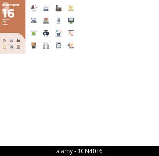 Collezione contemporanea di 16 icone vettoriali che rappresentano l'aspetto automatizzato piatto, con risoluzione perfetta di 128x128 PIXEL per applicazioni moderne Illustrazione Vettoriale