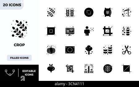 Set semplificato di 20 icone vettoriali per Ritaglia in un'estetica riempita di glifo, con risoluzione perfetta di 128x128 PIXEL per un'esperienza utente senza interruzioni. Illustrazione Vettoriale