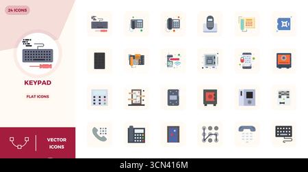 Sbloccare 24 icone vettoriali Flat PIXEL Perfect ispirate al tastierino, ottimizzate in formato 128x128 per una visualizzazione impeccabile su tutti i dispositivi. Illustrazione Vettoriale