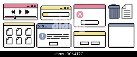 Finestre di interfaccia retrospettiva con componenti dell'interfaccia utente pixel frame per la progettazione del software: Lettore multimediale, finestra di dialogo di errore e layout della griglia dei file. pannelli a 8 bit con pulsanti, cestino ed elementi di notifica. Illustrazione Vettoriale