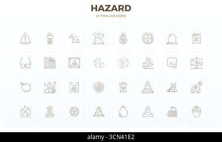 Icone vettoriali perfette da 32 PIXEL sottili per Hazard, create con una risoluzione 128x128 per una straordinaria coerenza visiva su tutta la piattaforma Illustrazione Vettoriale