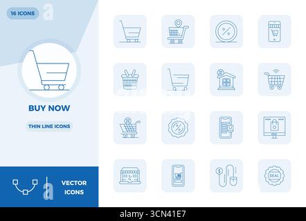 Set semplificato di 16 icone vettoriali per l'acquisto immediato in formato Slim Line, con risoluzione perfetta da 128 x 128 PIXEL per un'esperienza utente senza interruzioni. Illustrazione Vettoriale