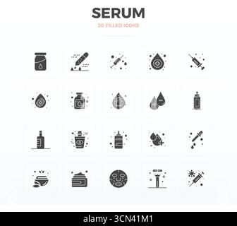 Raccolta di 20 icone vettoriali Filled Glyph PIXEL Perfect per siero, progettate in formato 128x128 per chiarezza e versatilità. Illustrazione Vettoriale