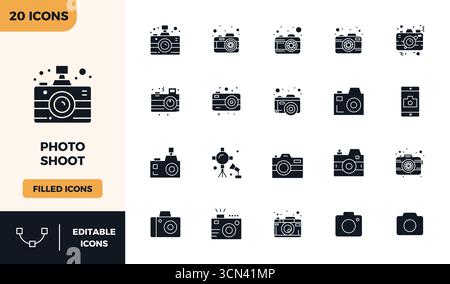 Set di icone vettoriali da 20 PIXEL riempiti di glifo ispirate a Photo Shoot, realizzate con risoluzione 128x128 per un'integrazione perfetta in app e websit Illustrazione Vettoriale