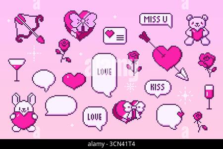 Grazioso set a 8 bit con icone retrò pixel valentine per un design romantico: Cuori rosa, coniglietto con amore, arco e freccia, rosa e bicchiere di vino. Busta ed elemento orsacchiotto per giochi di incontri o biglietti di auguri Illustrazione Vettoriale