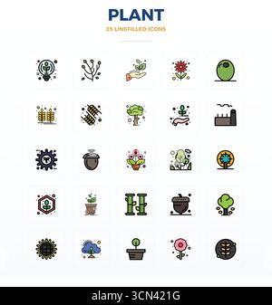 Questo set di 25 icone vettoriali piatte cattura i temi degli impianti con una qualità perfetta di 128 x 128 PIXEL, perfetta per applicazioni tecnologiche e aziendali. Illustrazione Vettoriale