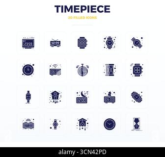 Set semplificato di 20 icone vettoriali per segnatempo in stile Glyph pieno, con risoluzione perfetta da 128 x 128 PIXEL per un'esperienza utente senza interruzioni. Illustrazione Vettoriale