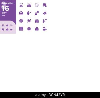 Una raccolta pulita di 16 icone vettoriali piene che rappresentano l'abbonamento, progettata in formato da 128x128 PIXEL perfetto per dashboard e interfacce moderne. Illustrazione Vettoriale