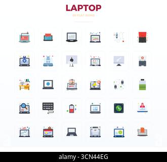 Raccolta ad alte prestazioni di 30 icone vettoriali piatte per laptop, progettata con risoluzione perfetta da 128 x 128 PIXEL per un design ottimale dell'interfaccia utente. Illustrazione Vettoriale