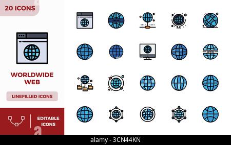 Un set versatile di 20 icone vettoriali complete di PIXEL a colori lineari incentrate sul Web mondiale, in formato 128x128 nitido, ideale per dispositivi mobili e. Illustrazione Vettoriale