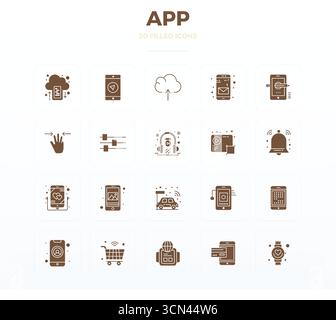 Un set versatile di 20 icone vettoriali complete Glyph PIXEL Perfect incentrate sull'app, in formato nitido 128x128, ideale per applicazioni mobili e Web. Illustrazione Vettoriale