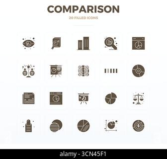 Set semplificato di 20 icone vettoriali per il confronto nell'estetica Filled Glyph, con risoluzione perfetta da 128 x 128 PIXEL per un'esperienza utente senza interruzioni. Illustrazione Vettoriale