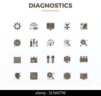 Set di 20 icone vettoriali complete Glyph PIXEL Perfect incentrate sulla diagnostica, realizzate con risoluzione 128x128 per una perfetta integrazione in app e websit Illustrazione Vettoriale