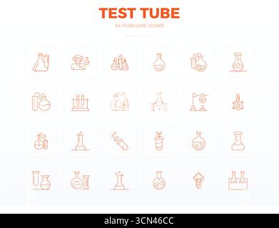 Un set versatile di 24 icone vettoriali perfette DI PIXEL sottili focalizzate sulla provetta, in formato 128x128 nitido, ideale per applicazioni mobili e Web Illustrazione Vettoriale