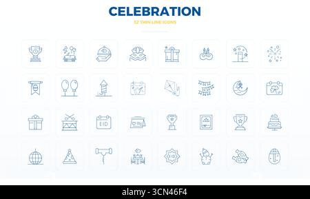 Sofisticato pacchetto di 32 icone vettoriali Thin Line per Celebration, progettato con 128x128 PIXEL DI nitidezza perfetta per applicazioni professionali. Illustrazione Vettoriale